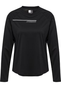 Svart långärmad träningströja med rundad halsringning, med en strukturerad tyg och en vit logotyp över bröstet. Löst passform.