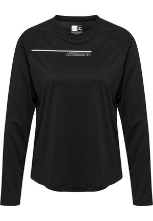 Zwarte sporttop met lange mouwen en een ronde hals, met een gestructureerde stof en een wit logo op de borst. Losse pasvorm.