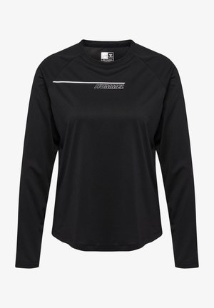 Czarna sportowa bluzka z długim rękawem i okrągłym dekoltem, wykonana z teksturowanej tkaniny, z białym logo na piersi. Luźny krój.