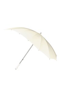 Witte paraplu met een gladde stoffen canopy, ondersteund door een zilveren metalen frame en een witte kunststof handgreep. Strak, minimalistisch ontwerp.