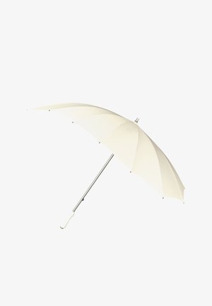 White umbrella with a smooth fabric canopy supported by a silver metal frame and a white plastic handle. Sleek, minimalistic design.
