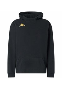 Felpa nera realizzata in tessuto morbido con tasca a marsupio. Presenta un logo Kappa dorato sul lato superiore sinistro e polsini a costine.