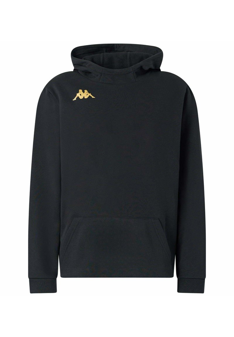 Felpa nera realizzata in tessuto morbido con tasca a marsupio. Presenta un logo Kappa dorato sul lato superiore sinistro e polsini a costine.