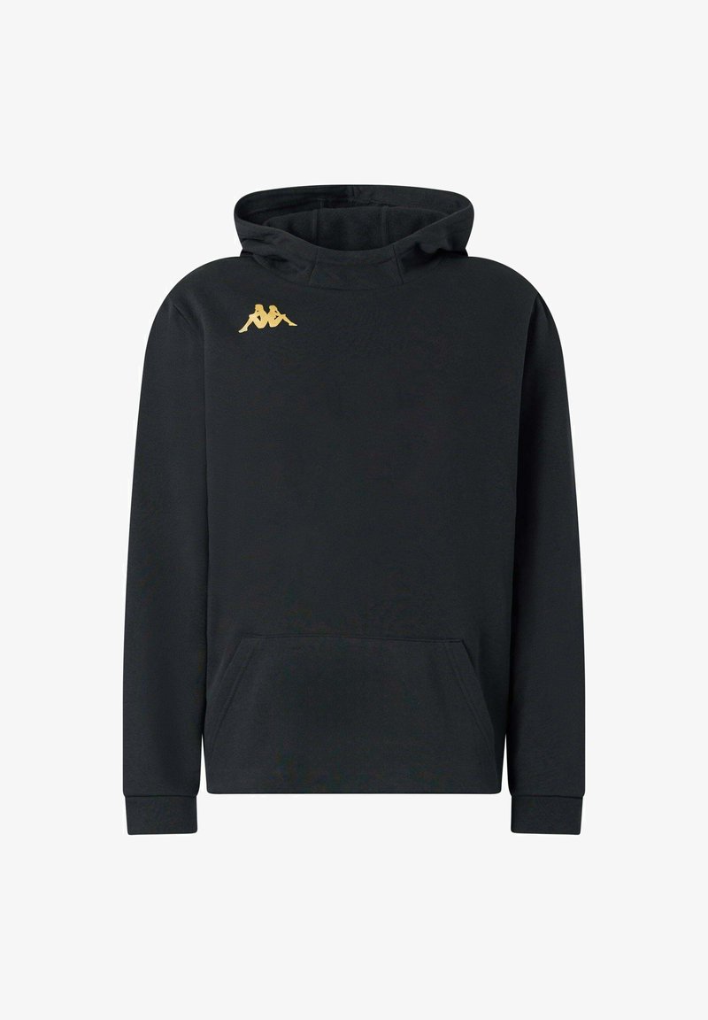 Felpa nera realizzata in tessuto morbido con tasca a marsupio. Presenta un logo Kappa dorato sul lato superiore sinistro e polsini a costine.