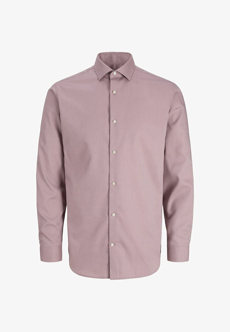 Ανδρικό πουκάμισο με μακριά μανίκια σε απαλό μωβ χρώμα, με κλασικό γιακά και λευκά κουμπιά κατά μήκος του κέντρου μπροστά.