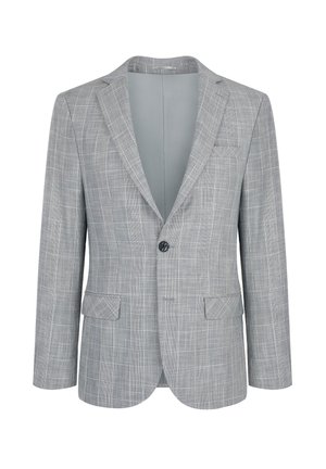 Grå blazer med enkelt knap, letternet mønster, skråede reverser, frontlommer med klap og en brystlomme på venstre side.