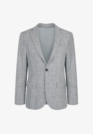 Einreihiger grauer Blazer mit hellem Karomuster, mit notched Revers, vorderen Klappentaschen und einer Brusttasche auf der linken Seite.