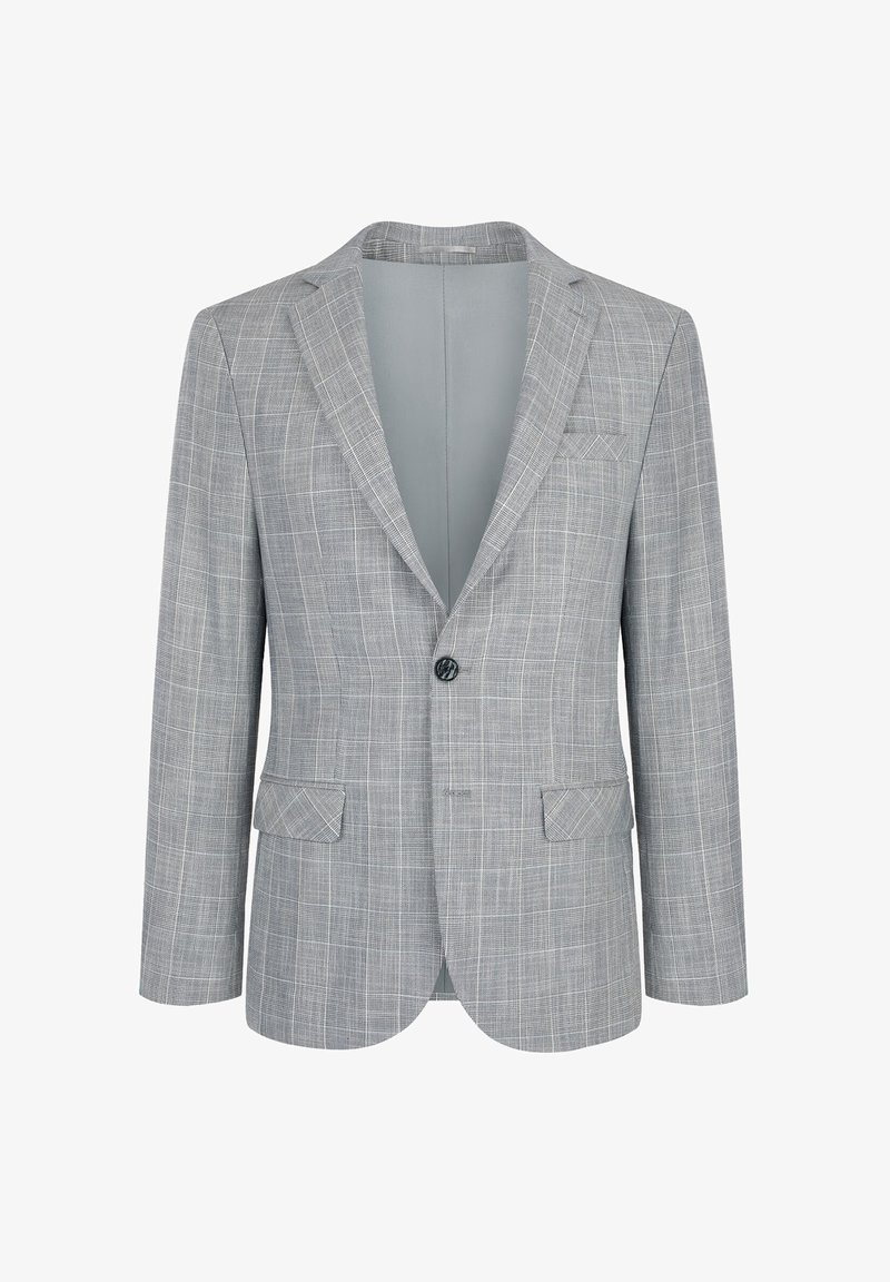 Blazer gris boutonné simple avec un motif à carreaux clair, revers crantés, poches à rabat à l'avant et une poche poitrine côté gauche.