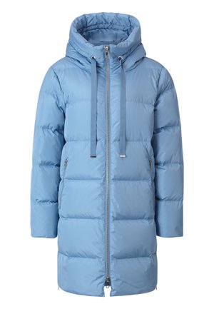 Doudoune bleu clair avec capuche, dotée d'une fermeture éclair à l'avant, d'accents à cordon de serrage et de sections matelassées. Deux poches latérales.