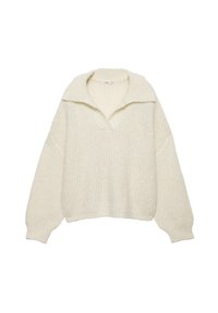 Neulepaita off-white-värissä, valmistettu paksusta neulemateriaalista. Ominaisuuksiin kuuluu leveä kaulus, putoavat olkapäät sekä ribbireunat helmassa ja hihoissa. Laatikkomainen muotoilu.