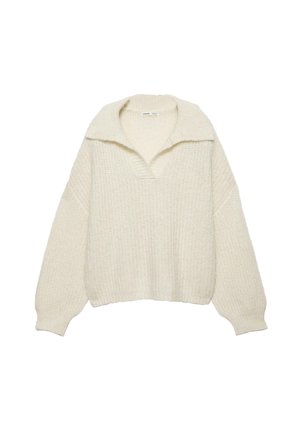 Sveter v off-white farbe, vyrobený z hrubej pleteniny. Obsahuje široký golier, spadnuté ramená a rebrovaný lem a manžety. Krabicový strih.