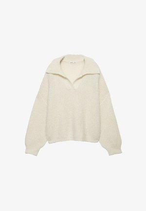 Ecru színű pulóver, vastag kötésű anyagból készült. Széles gallérral, ejtett vállakkal, valamint bordás szegéllyel és mandzsettával rendelkezik. Dobozos kialakítású.