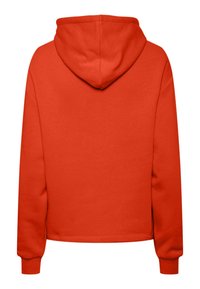 Röd hoodie med en framfickan i kängurustil, snörning i huven och ribbade ärmar. Tillverkad av mjukt och slätt tyg; enfärgad utan mönster.