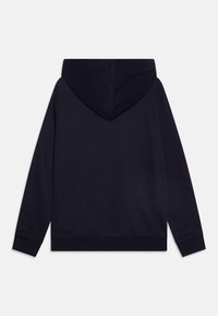 Sweat-shirt à capuche bleu marine foncé, en tissu doux, à manches longues, avec des poignets et un ourlet côtelés, capuche sans couture, design simple sans motifs ni accents visibles.