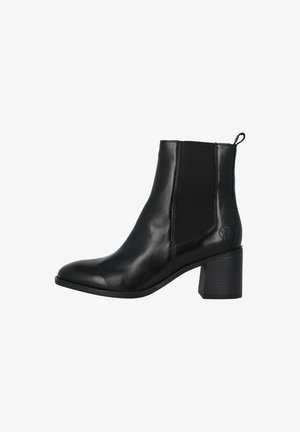 Black ankle boots with a glossy leather finish, elastic side panels, block heel, and a loop tab at the back for easy wear.