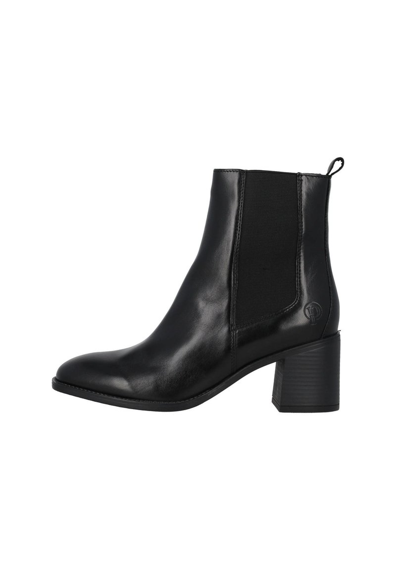Botines negros con un acabado en cuero pulido, paneles laterales elásticos, tacón ancho y una lengüeta en la parte posterior para facilitar el calzado.