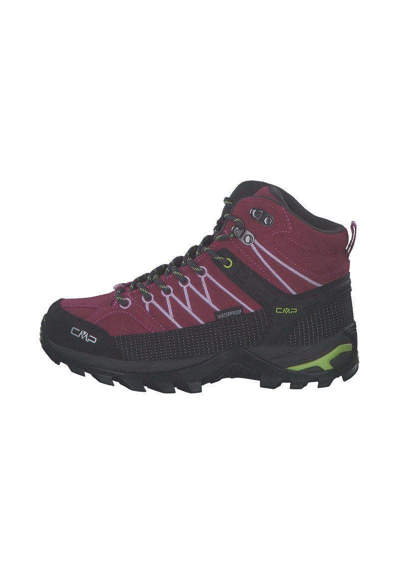Scarponi da trekking alti in bordeaux e nero in materiale impermeabile, con superficie testurizzata e dettagli colorati; dotati di suola in gomma resistente.