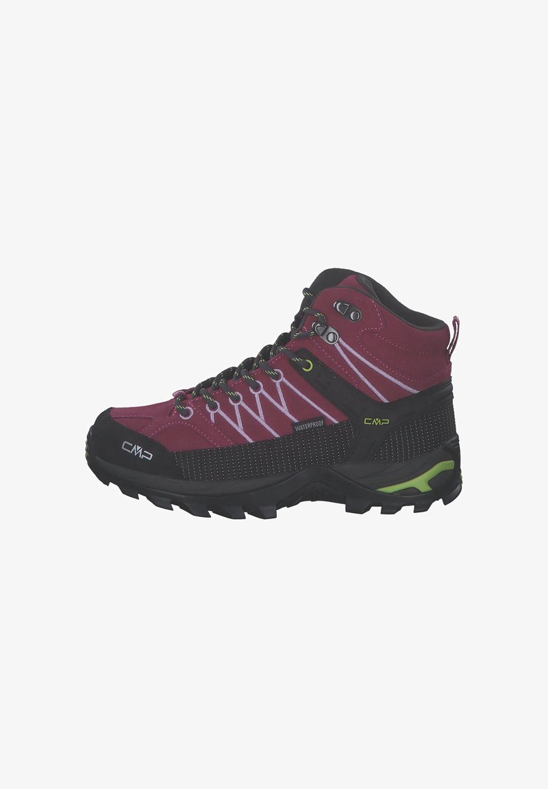 Scarponi da trekking alti in bordeaux e nero in materiale impermeabile, con superficie testurizzata e dettagli colorati; dotati di suola in gomma resistente.