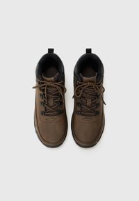 Scarpe da trekking in pelle marrone con dettagli neri, dotate di chiusura con lacci, occhielli e suola texturizzata per una migliore aderenza. Due linguette sul tallone.