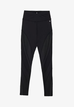 Leggings negre dintr-un material elastic, cu panouri din plasă pe laterale, având o talie înaltă și un design fără cusături pentru confort și flexibilitate.
