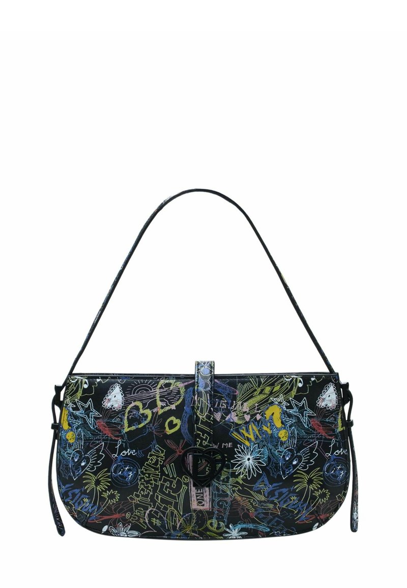 Sac à bandoulière noir avec des motifs colorés de style graffitis, comprenant des cœurs, des étoiles, des fleurs et le mot « Why ? » en jaune, avec un fermoir triangulaire.