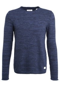 Navy blue knitted sweater with long sleeves, round neckline, and a textured pattern. Features a small white label on the lower front.