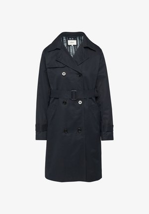 Kleita mārī krāsā, izgatavota no gludas auduma, ar divām rindām pogām, jostu un svītrainu iekšējo oderi. Ietver sānu kabatas.