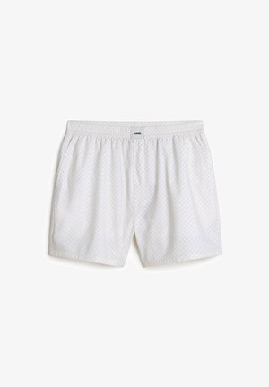 Shorts de bain à carreaux blancs avec une taille élastique et une étiquette de logo. Fabriqués en tissu léger avec une texture lisse et une coupe décontractée.