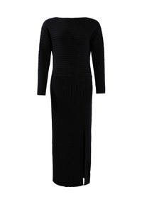Schwarzes, geripptes Strick-Midikleid mit weitem U-Boot-Ausschnitt, langen Ärmeln und einem seitlichen Schlitz für Bewegungsfreiheit. Strukturiertes Material über das ganze Kleid.