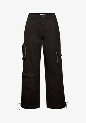 Pantalon cargo noir à jambes larges avec plusieurs poches zippées et à rabat, fermeture bouton et cordons réglables à l'ourlet.