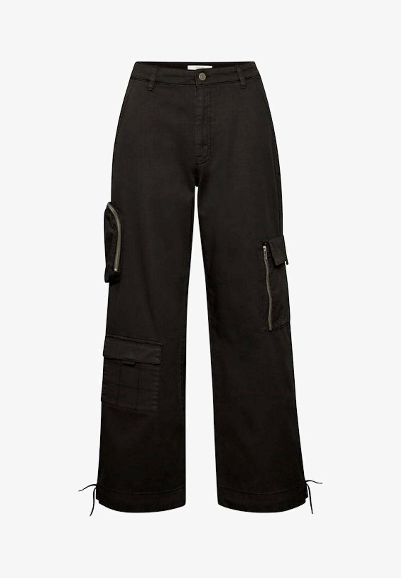 Pantalon cargo noir à jambes larges avec plusieurs poches zippées et à rabat, fermeture bouton et cordons réglables à l'ourlet.