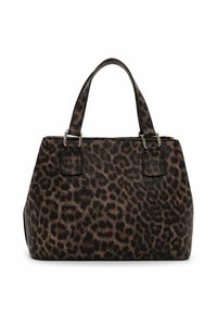 Tasche mit Leopardenmuster in strukturierter Form, aus schwarzem und braunem synthetischem Material, mit doppelten Obergriffen und Akzenten in goldfarbener Hardware.