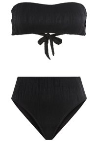Ensemble de bikini noir comprenant un haut bandeau sans bretelles avec un détail à nouer et un bas taille haute. Tissu doux avec un motif texturé.