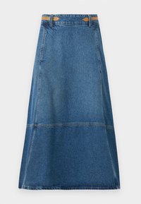 Denim A-linje skjørt i mellomblått med høy midje, belteholder og kontrasterende sømmer, med paneldesign og ren kant.