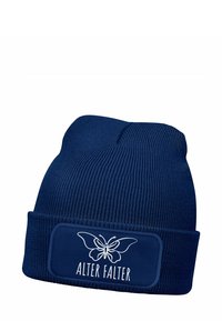 Navy beanie hat made of ribbed knit fabric, featuring a flat cuff and a rectangular patch with a white butterfly design and "ALTER FALTER" text.