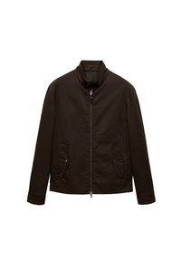 Braune Jacke mit Reißverschluss und hohem Kragen, mit zwei Seitentaschen und minimalen Nähten. Hergestellt aus glattem, leichtem Stoff.