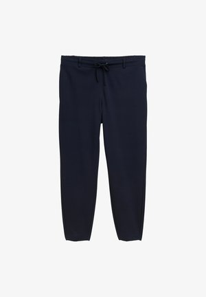 Pantalons bleu marine avec une taille élastique et un cordon de serrage. Le matériau est lisse, avec une coupe fuselée et sans motifs visibles.