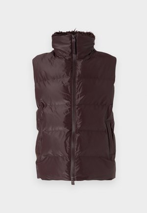 Mørkebrun polstret ärmløs vest med høy krage og glidelås foran, med sidelommer og myk innvendig fôr.