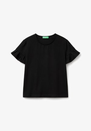 Schwarzes T-Shirt mit kurzen Ärmeln aus weichem Stoff, mit rundem Ausschnitt und Rüschendetails an den Ärmeln. Glatte Textur, lässige Passform.