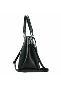 Schwarze Lederhandtasche mit dreieckiger Form, glatter Textur, doppelten Griffen, abnehmbarem Schultergurt und silbernem Reißverschluss.