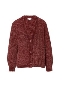 Bordeauxfarbener Strickcardigan mit tiefem V-Ausschnitt, langen Ärmeln und fünf Knöpfen vorn. Strukturierter Stoff mit gerippten Details.