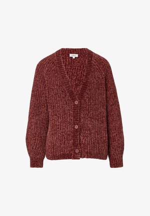 Bordeauxfarbener Strickcardigan mit tiefem V-Ausschnitt, langen Ärmeln und fünf Knöpfen vorn. Strukturierter Stoff mit gerippten Details.