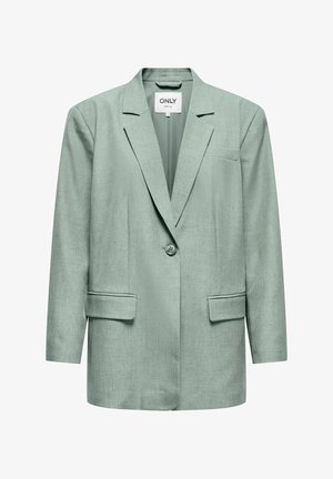 Blazer vert clair en tissu texturé, doté d'une fermeture à un bouton, d'un revers cranté et de poches avant.