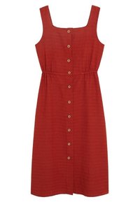 Robe en coton rouge avec un décolleté carré, un devant à boutons et une taille élastique. Elle se distingue par une surface texturée et des boutons en bois au centre.