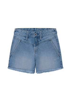 Blå denimshorts med frynset kant, knaplukning foran, bæltestropper og skrå forlommer.