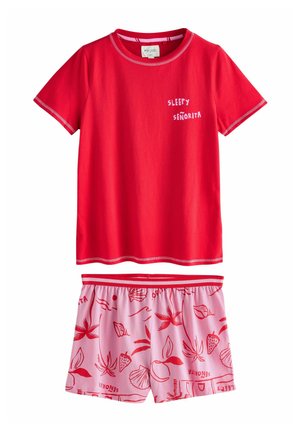 Red cotton t-shirt with "SLEEPY SEÑORITA" text; paired with pink shorts featuring red fruit and shell patterns. Both have contrasting hems.