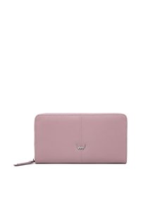 Pink leather wallet with a zip closure, smooth texture, and a central stitch detail. Features a silver logo accent on the front.