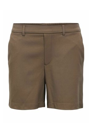 Pruunid kohandatud lühikesed püksid vööaasade ja eesmiste taskutega, valgel taustal.