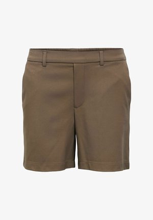 Rjavi krojeni kratki hlače z zankami za pas in sprednjimi žepi, prikazani na belem ozadju.