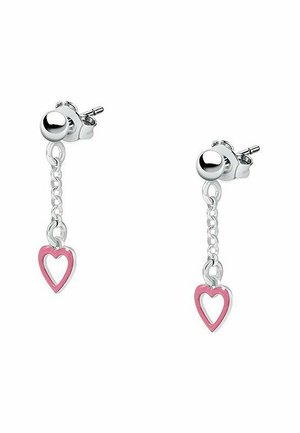 Silberne Steckerohrringe mit einer Kettenverlängerung, die mit pinken herzförmigen Charms verziert sind, glänzende Oberfläche, leichtes Design.